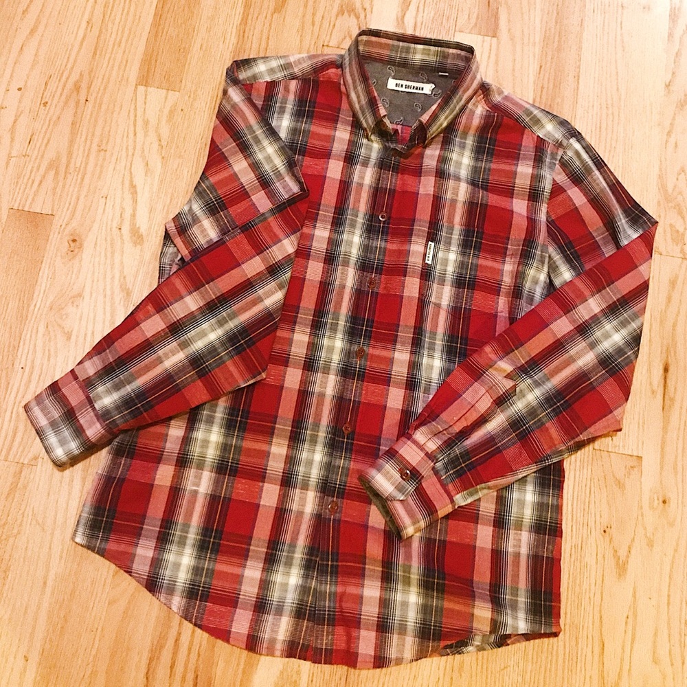 Ben Sherman Red Plaid button down shirt Sz XL